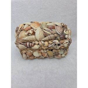 Vintage Folk Art Seashell Jewelry Box Domed Trinket Chest Boho Coastal Decor